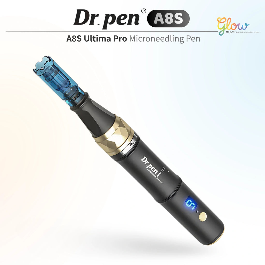 Dr. Pen A8S wireless microneedling pen in black and gold with blue cartridge and digital display