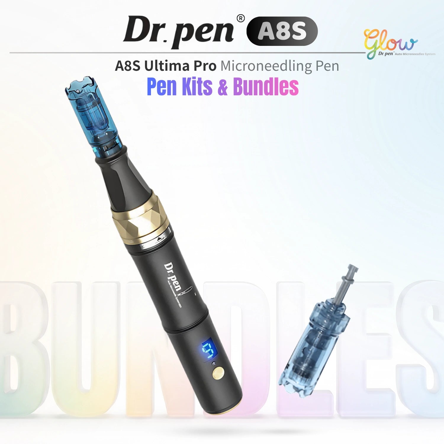 Dr. Pen A8S microneedling pen kits and bundles with replacement needle cartridge on gradient background