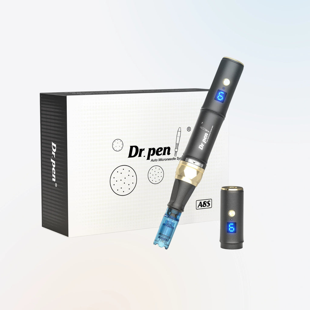 Dr. Pen A8S microneedling pen with retail packaging box and wireless battery unit displayed