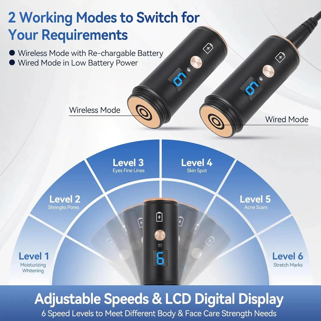 Dr. Pen A8S wireless microneedling pen showing adjustable speed levels, LCD display and wireless and wired working modes