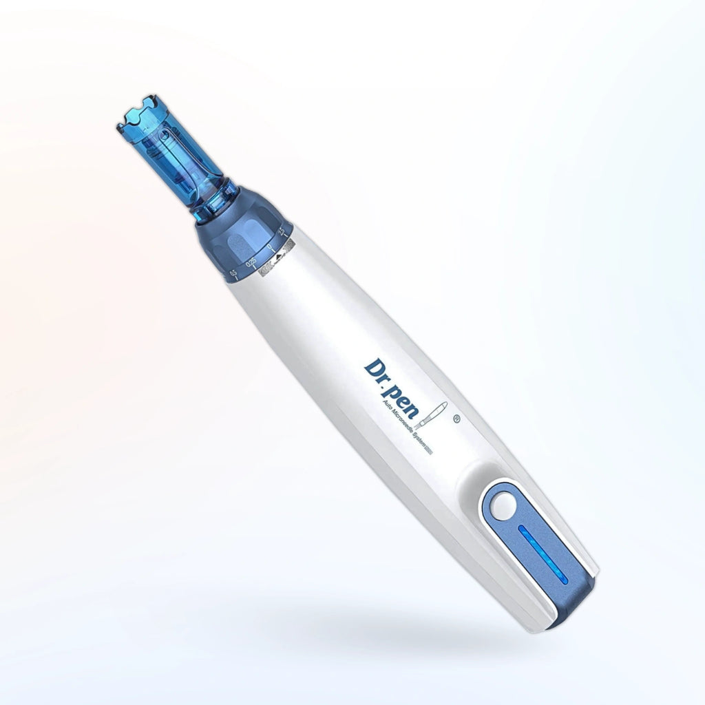 Angled view of Dr. Pen A9 wireless microneedling pen showing ergonomic body and cartridge tip