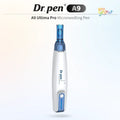 Dr. Pen A9 wireless microneedling pen in white and blue with attached needle cartridge