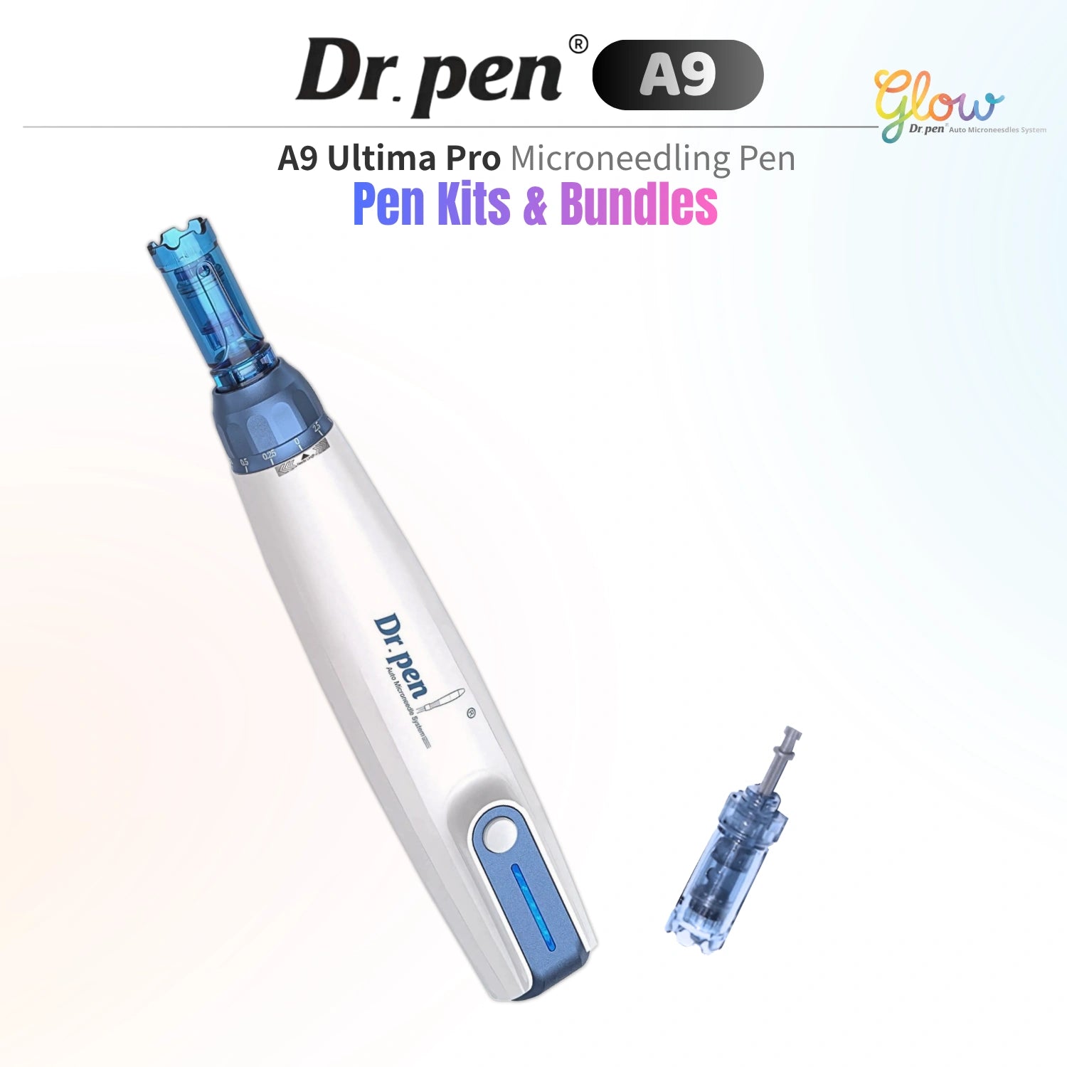 Dr. Pen A9 microneedling pen kits and bundles with spare cartridge on clean gradient background
