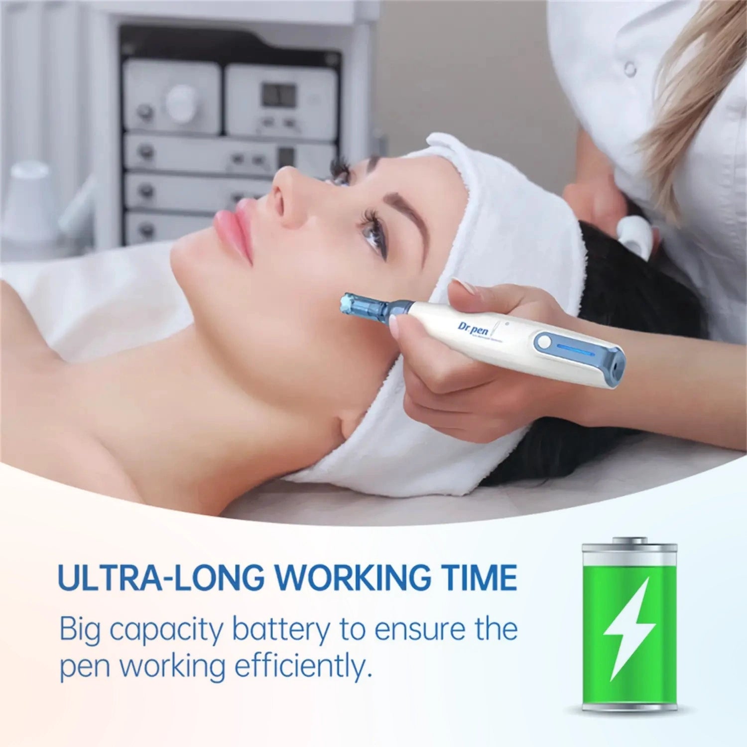 Professional facial treatment using Dr. Pen A9 wireless microneedling pen showing skincare procedure and long battery life