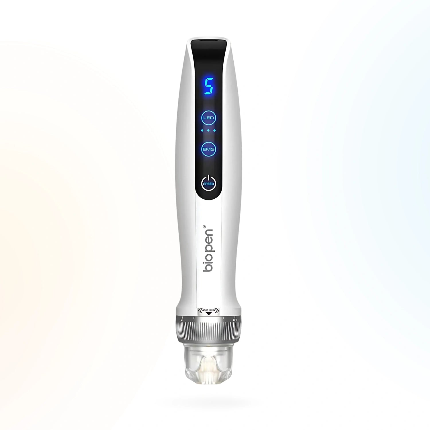 Front view of Dr. Pen Bio Pen Q2 microneedling device showing LED indicators and speed settings