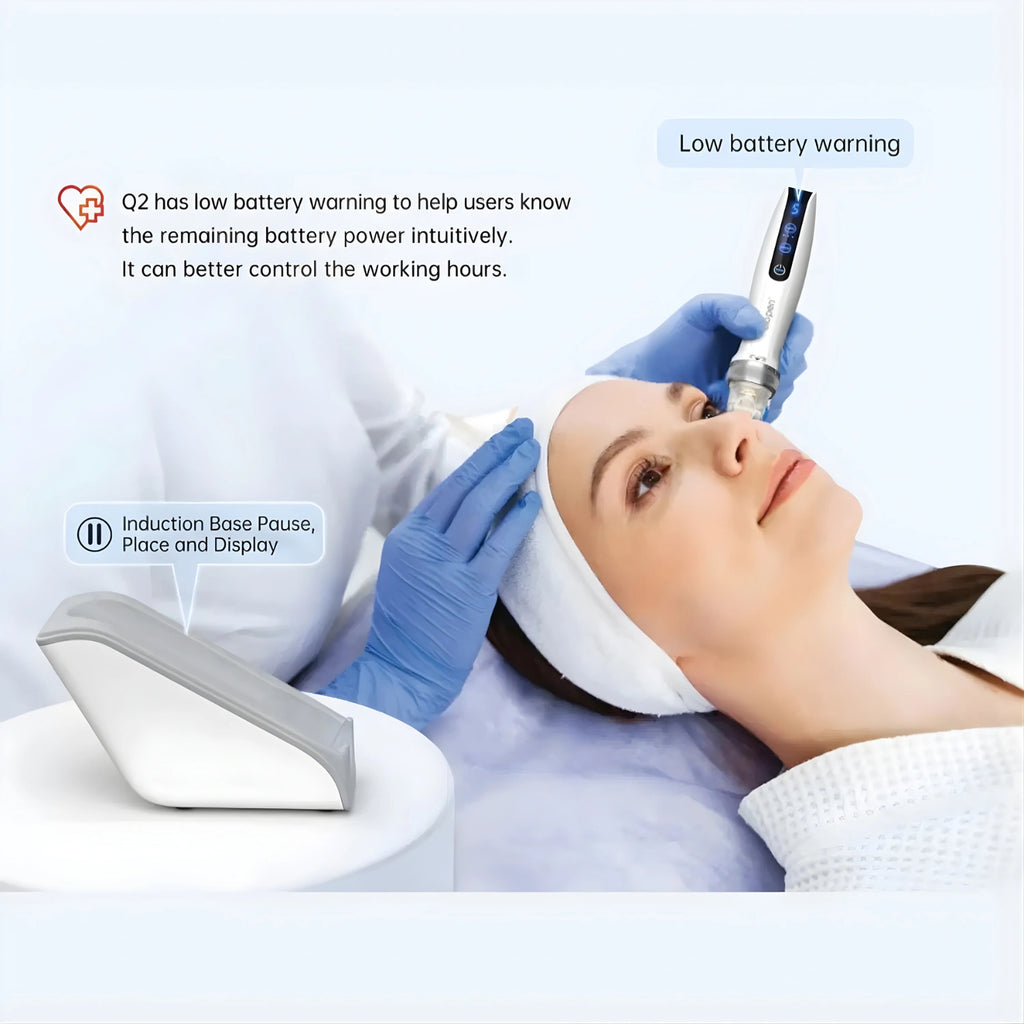 Dr. Pen Bio Pen Q2 microneedling tool in use on facial skin treatment showing professional application