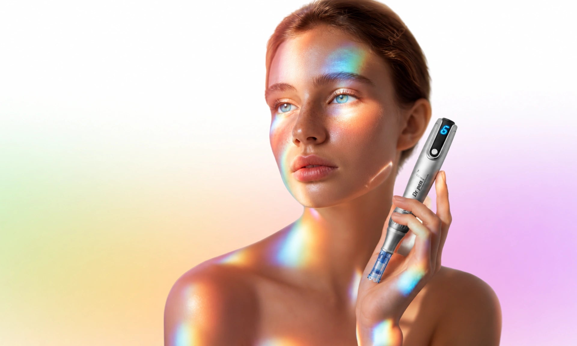 Dr. Pen Glow M8S microneedling pen banner featuring glowing skincare model with device