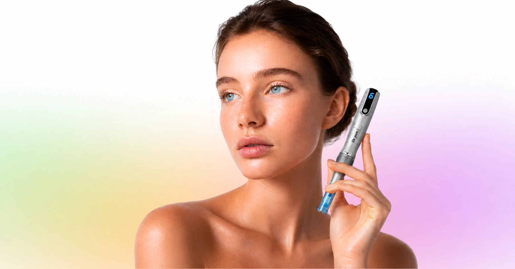 Dr. Pen Glow M8S microneedling pen banner featuring glowing skincare model with device