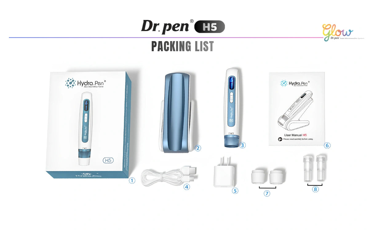 Dr. Pen H5 packing list showing device, case, charging cable, adapter, manual and accessories
