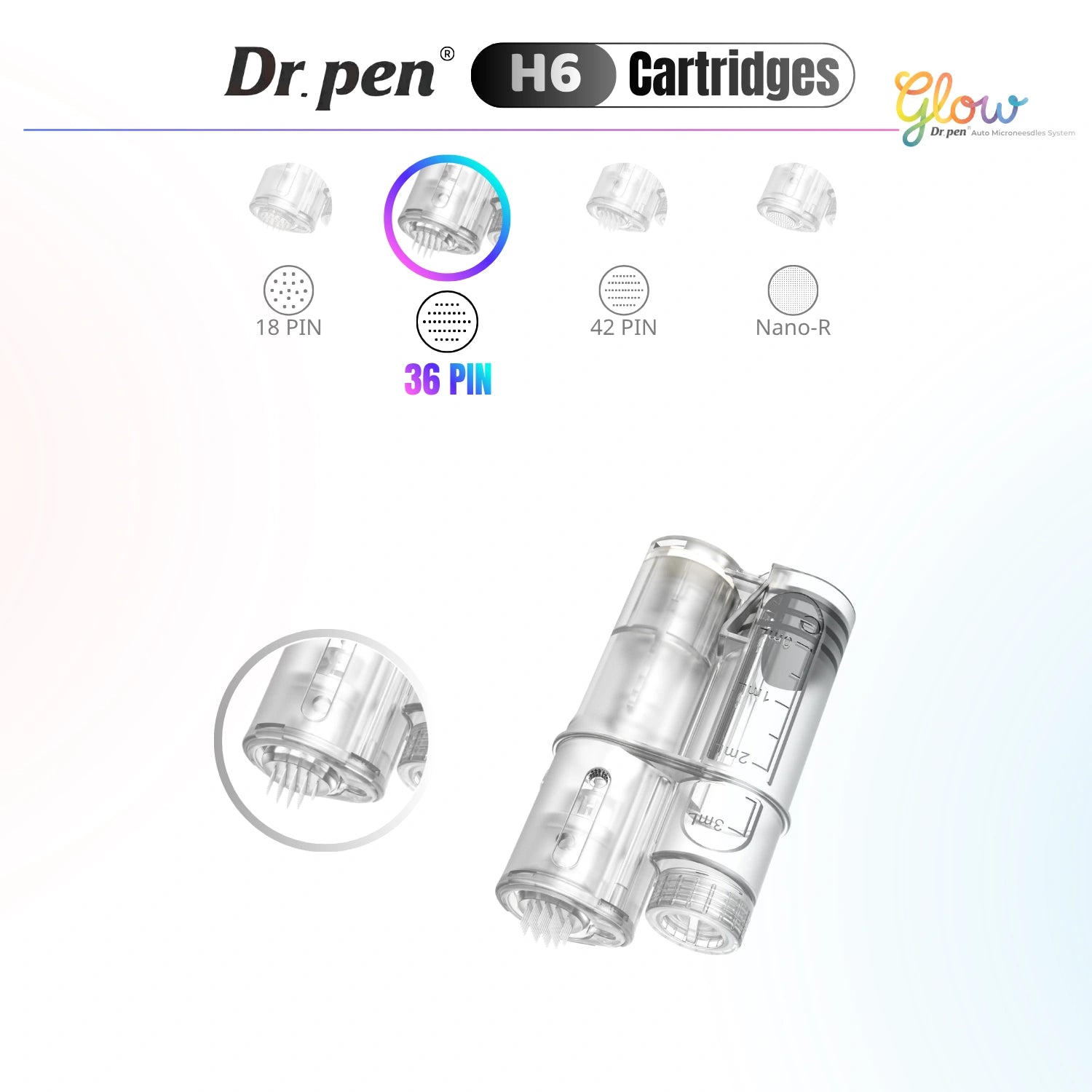Dr. Pen H6 36 pin replacement cartridge with highlighted multi-needle tip and cartridge close-up