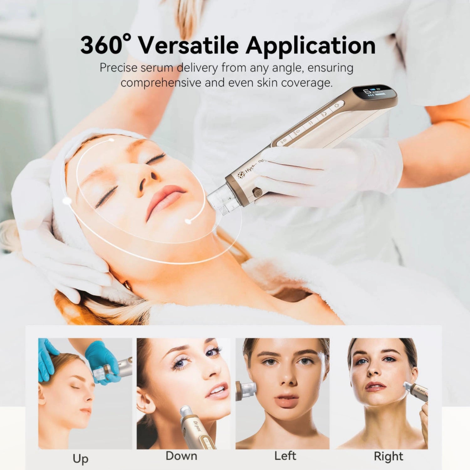 Dr. Pen H6 LED microneedling pen demonstrating 360 degree serum delivery on face