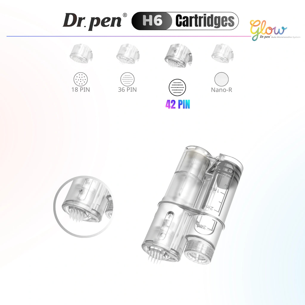 Dr. Pen H6 42 pin replacement cartridge with highlighted dense needle tip and transparent cartridge close-up