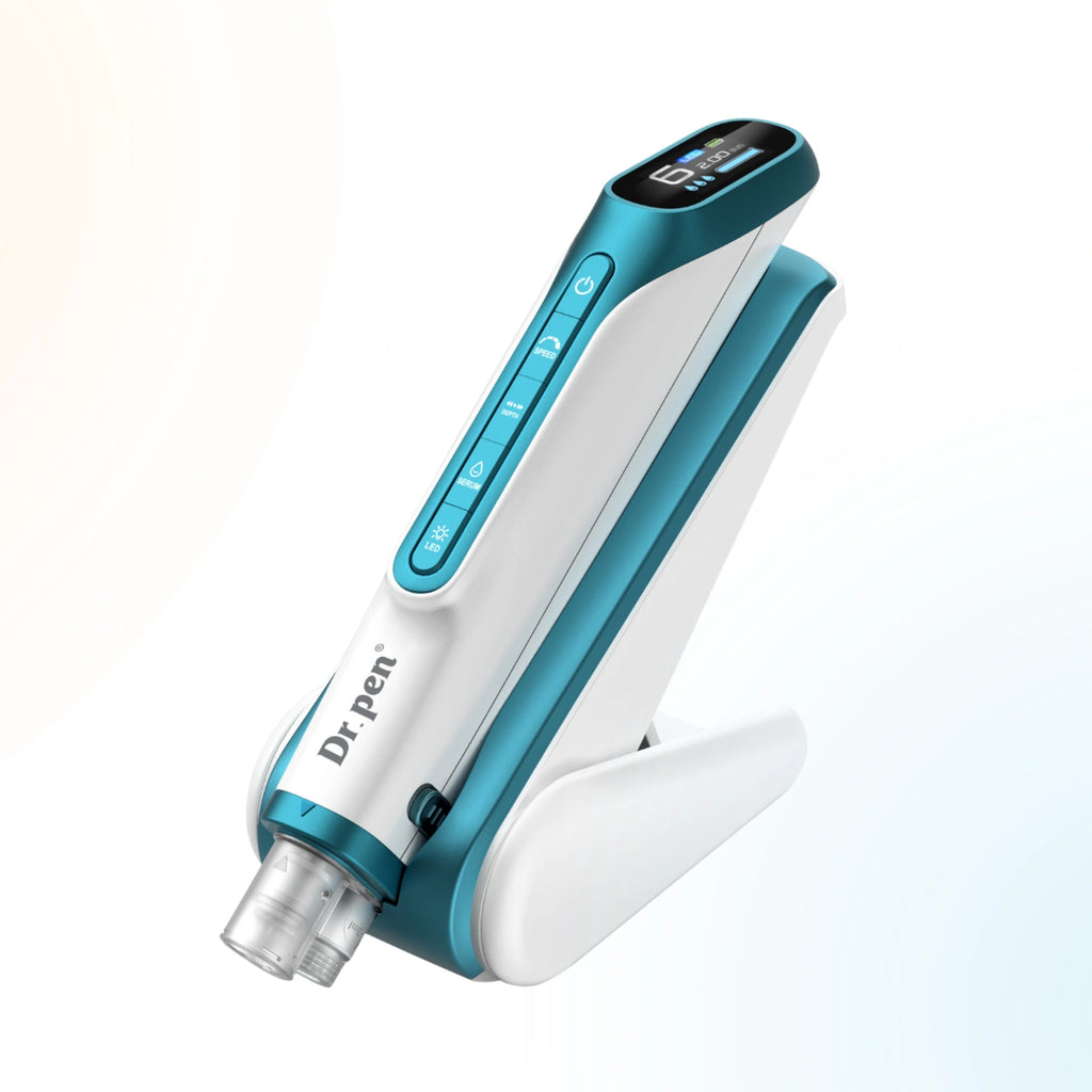 Angled view of Dr. Pen H6 LED microneedling pen showing ergonomic design and charging stand