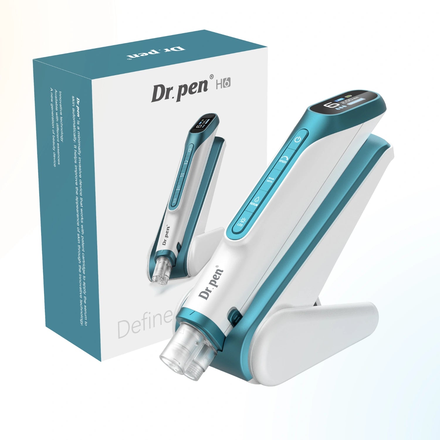 Front view of Dr. Pen H6 LED microneedling pen showing digital screen and control buttons