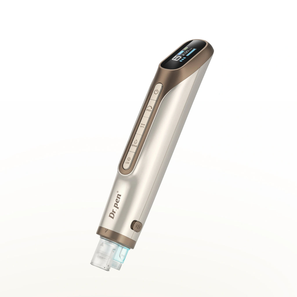 Angled view of Dr. Pen H6 LED microneedling pen in gold with serum dispensing tip