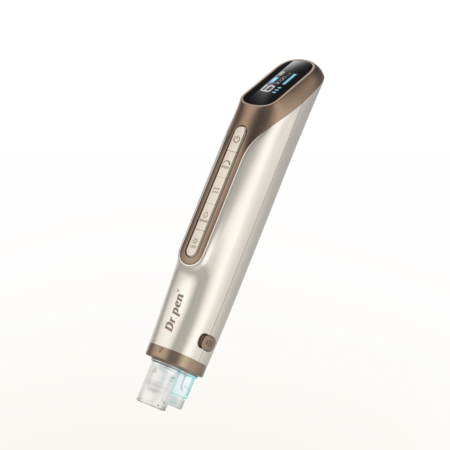 Angled view of Dr. Pen H6 LED microneedling pen in gold with serum dispensing tip