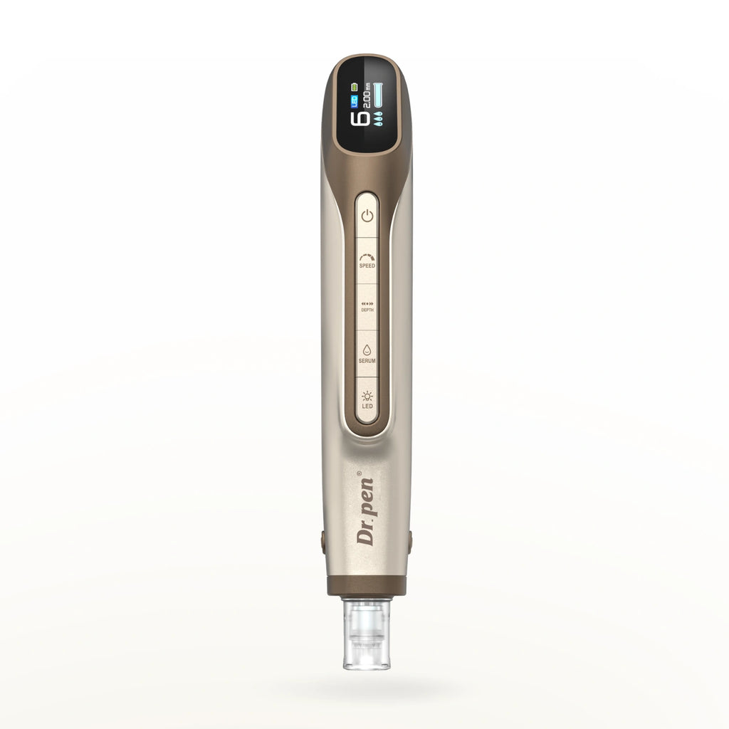 Front view of Dr. Pen H6 LED microneedling pen in gold with digital display and control buttons