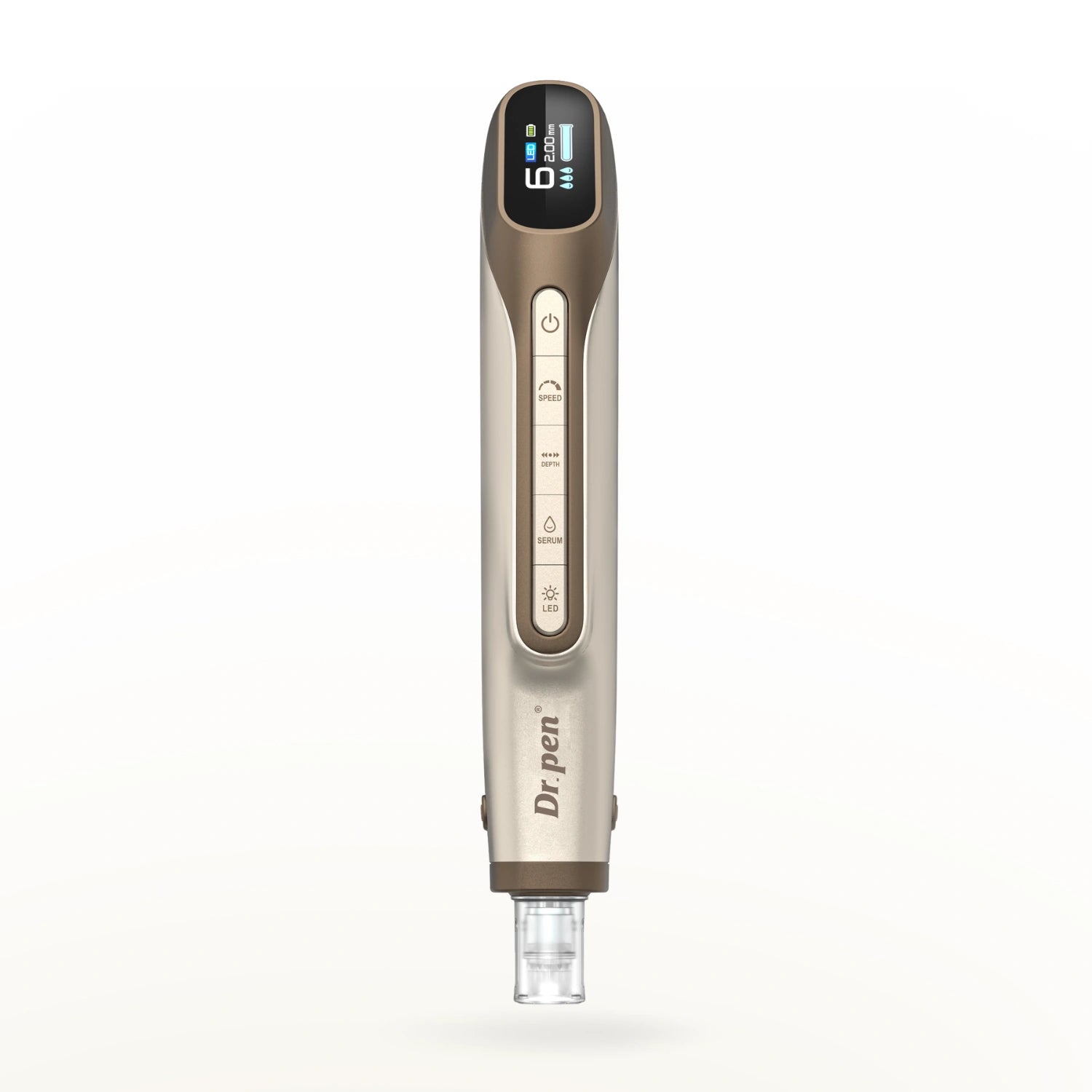 Front view of Dr. Pen H6 LED microneedling pen in gold with digital display and control buttons