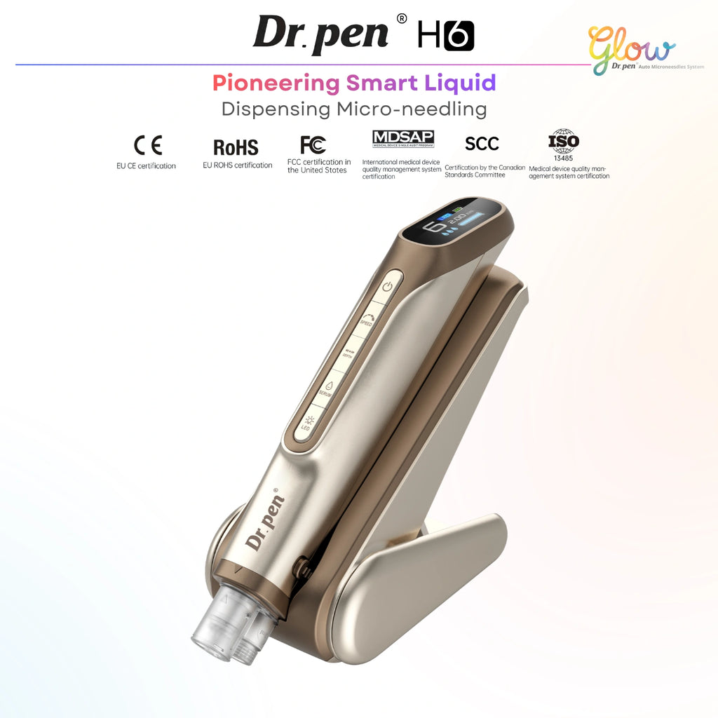 Dr. Pen H6 LED microneedling pen in gold with smart liquid dispensing base and digital display