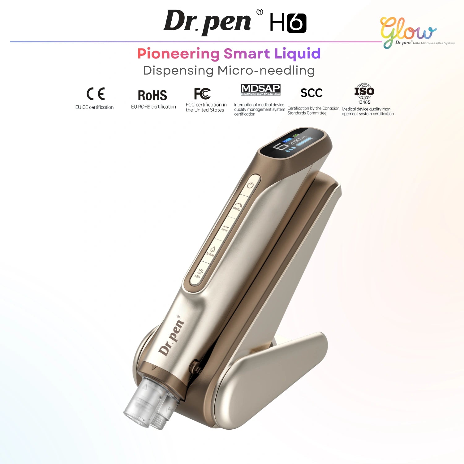 Dr. Pen H6 LED microneedling pen in gold with smart liquid dispensing base and digital display