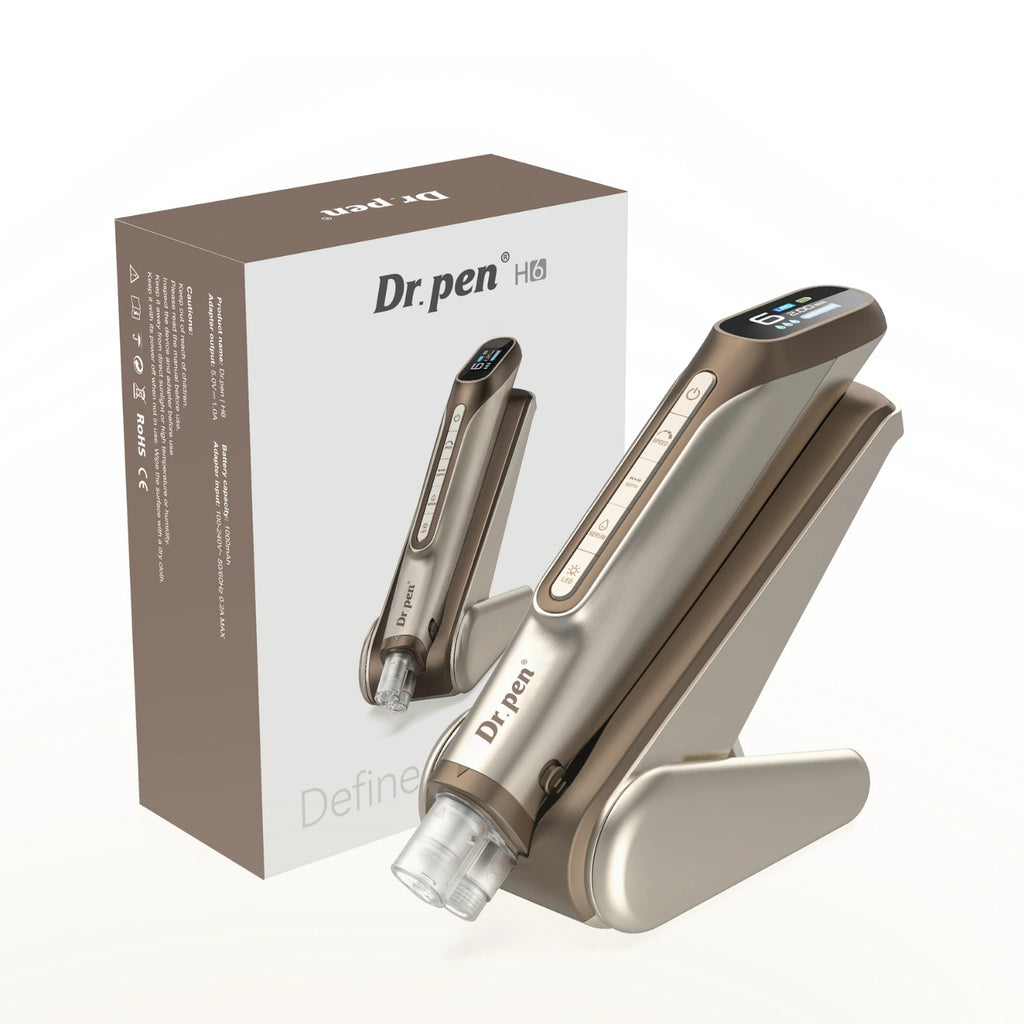 Dr. Pen H6 LED microneedling pen in gold with retail packaging box and smart base
