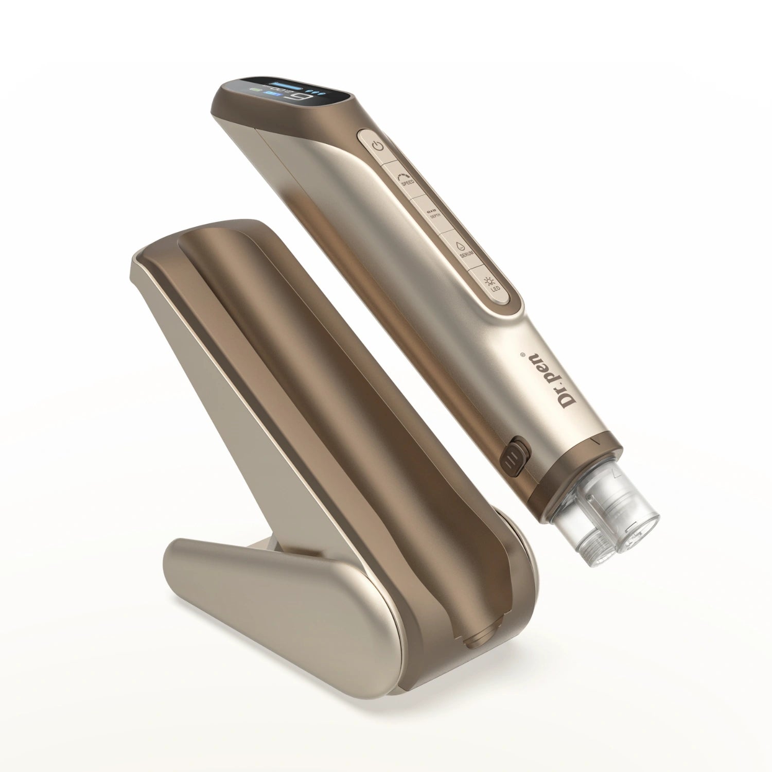 Dr. Pen H6 LED microneedling pen in gold with smart base and liquid dispensing cartridge