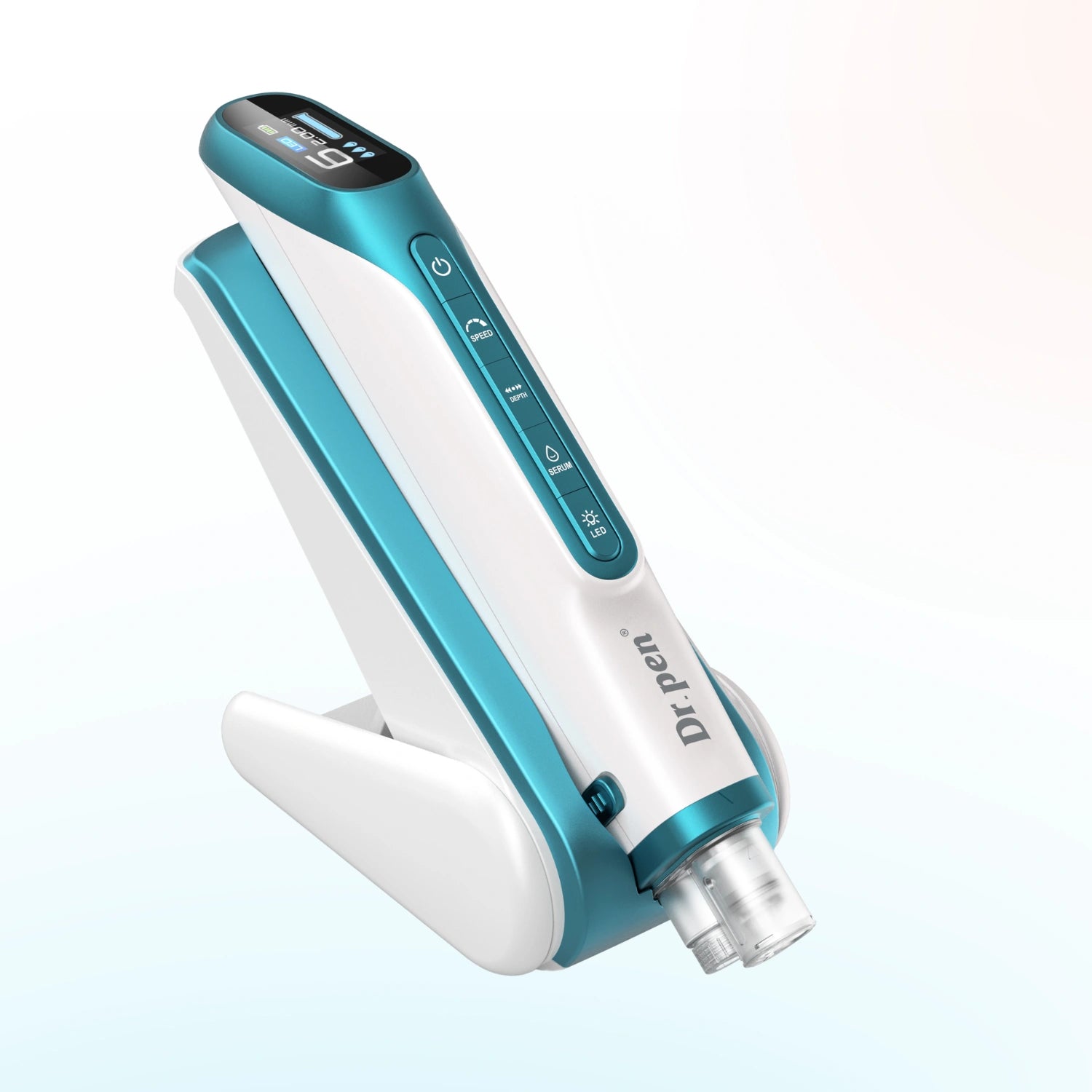 Side view of Dr. Pen H6 microneedling pen highlighting serum cartridge and LED interface
