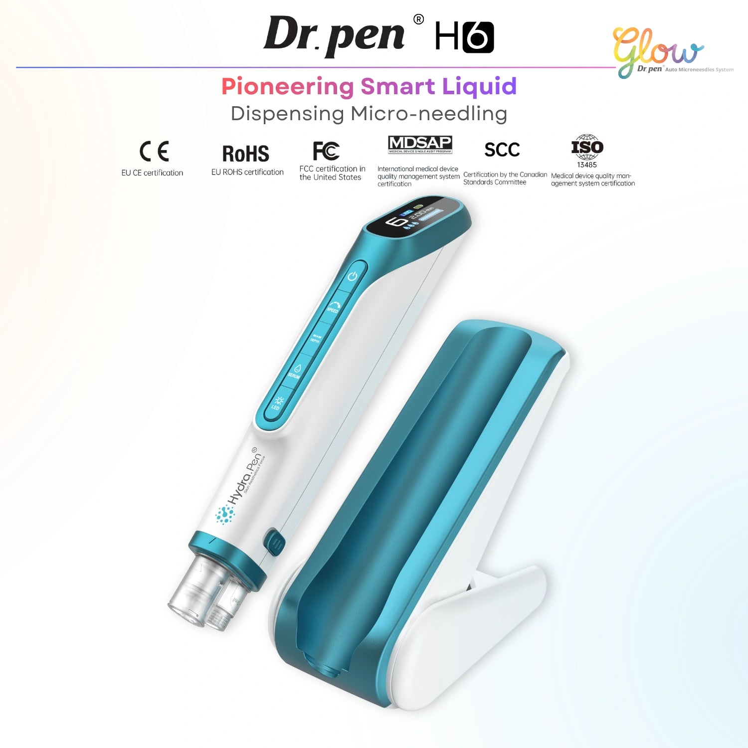 Dr. Pen H6 LED microneedling pen in white and teal with smart liquid dispensing base and digital display