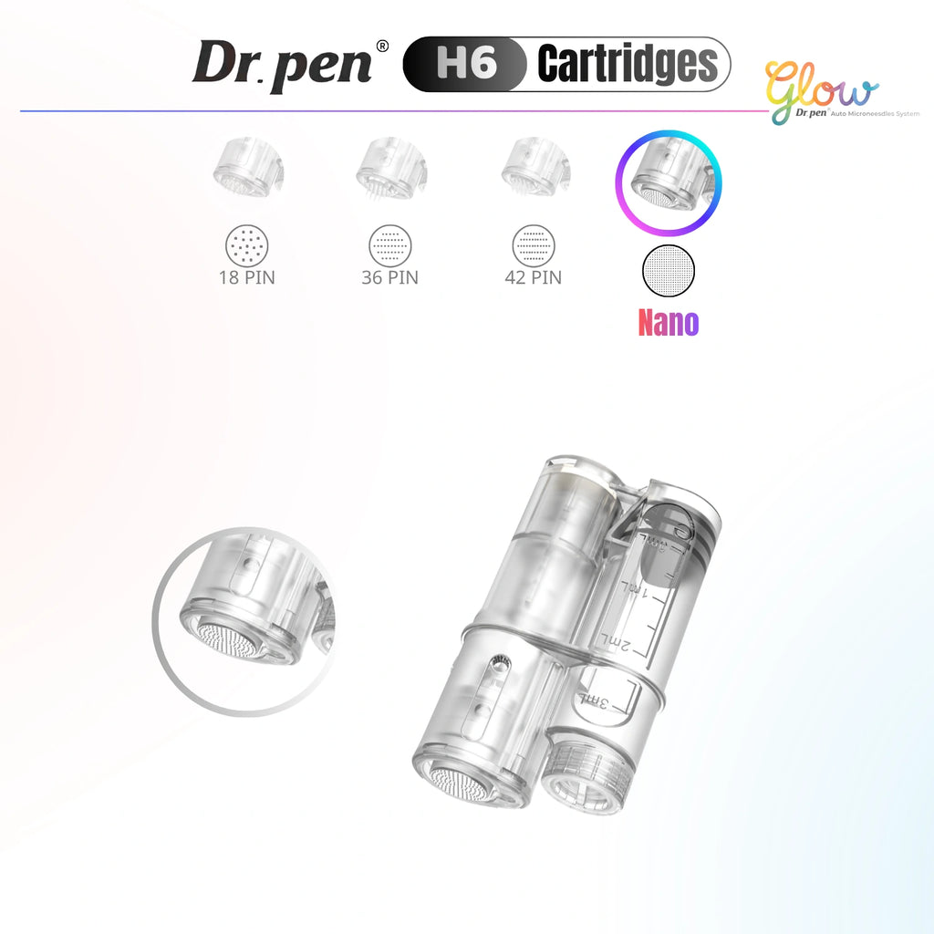 Dr. Pen H6 Nano-R replacement cartridge with highlighted nano needle tip and transparent cartridge close-up