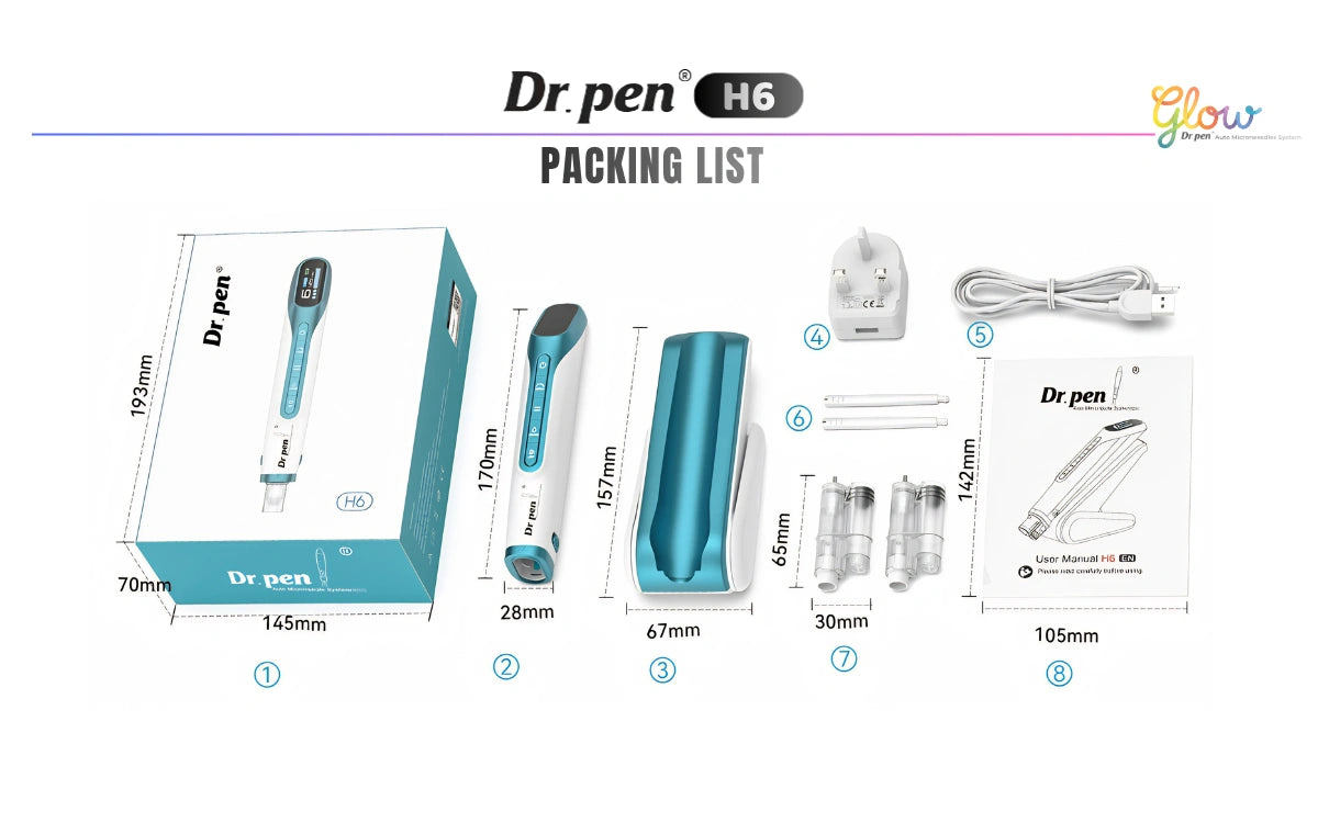 Dr. Pen H6 packing list showing device, charging base, cable, adapter, manual and accessories