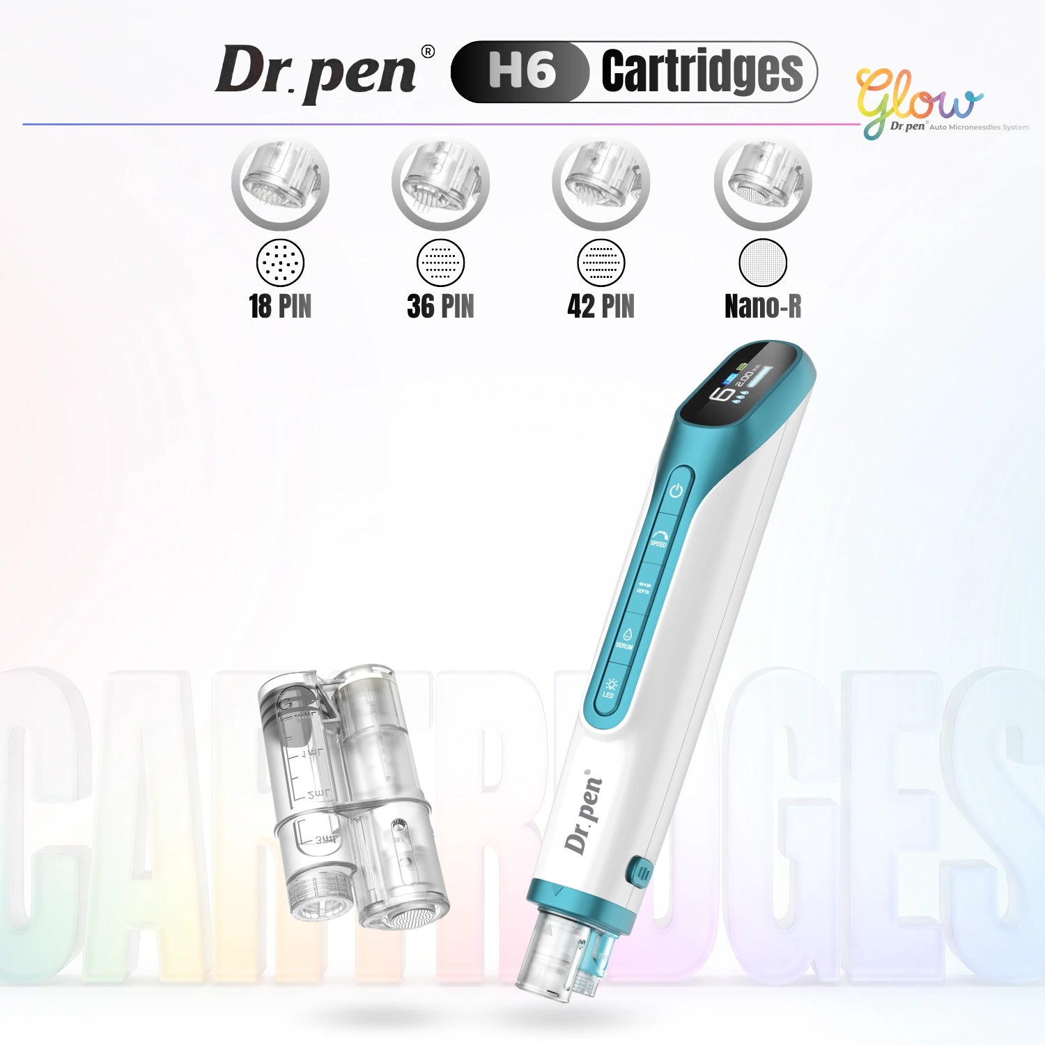 Dr. Pen H6 replacement cartridges overview showing 18 pin, 36 pin, 42 pin, and Nano-R cartridge options with H6 pen device