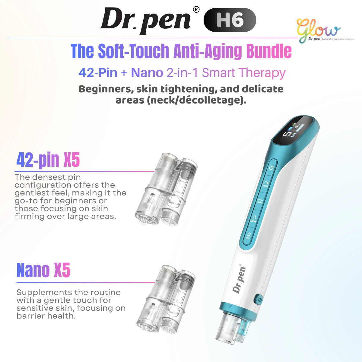 Dr. pen H6 soft-touch anti-aging bundle with 42-pin and Nano 2-in-1 smart therapy on a white background.