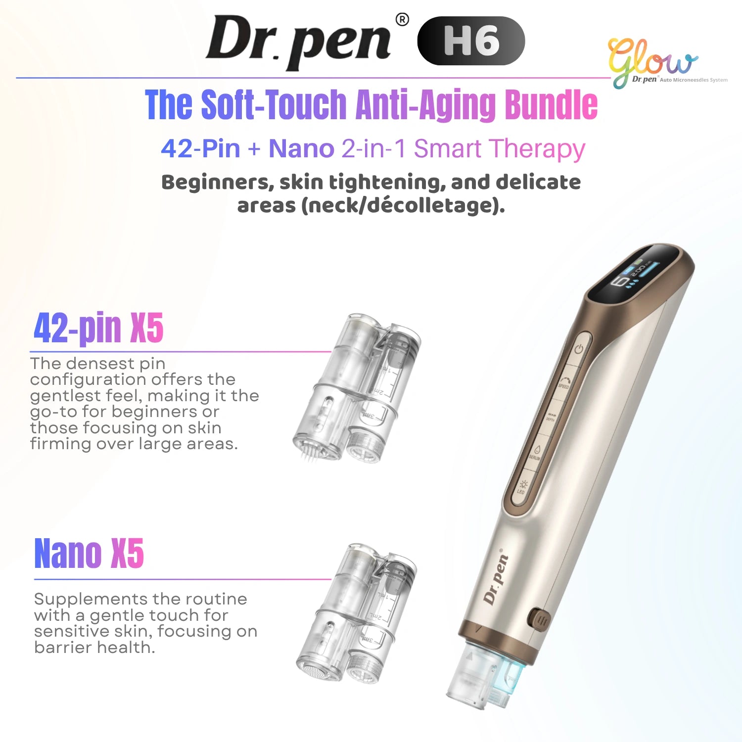 Dr. pen H6 soft-touch anti-aging bundle with 42-pin and Nano 2-in-1 smart therapy on a white background.