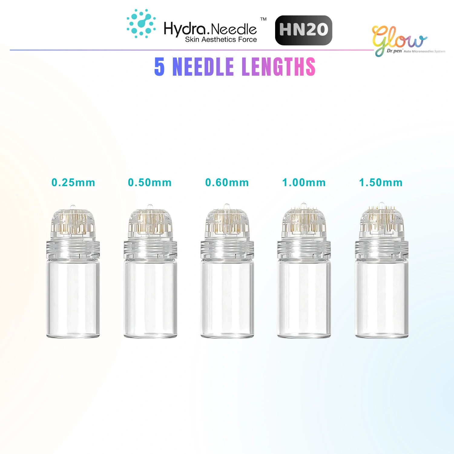 Dr.Pen Hydra Needle HN20 20-pin derma stamp showing five needle length options from 0.25mm to 1.50mm