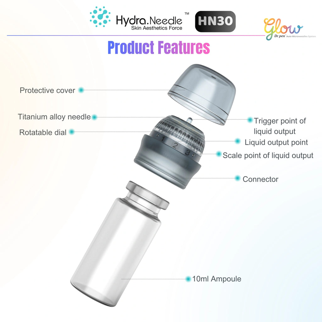 Dr.Pen Hydra Needle HN30 product features with protective cover, rotatable dial, connector, and 10ml vial