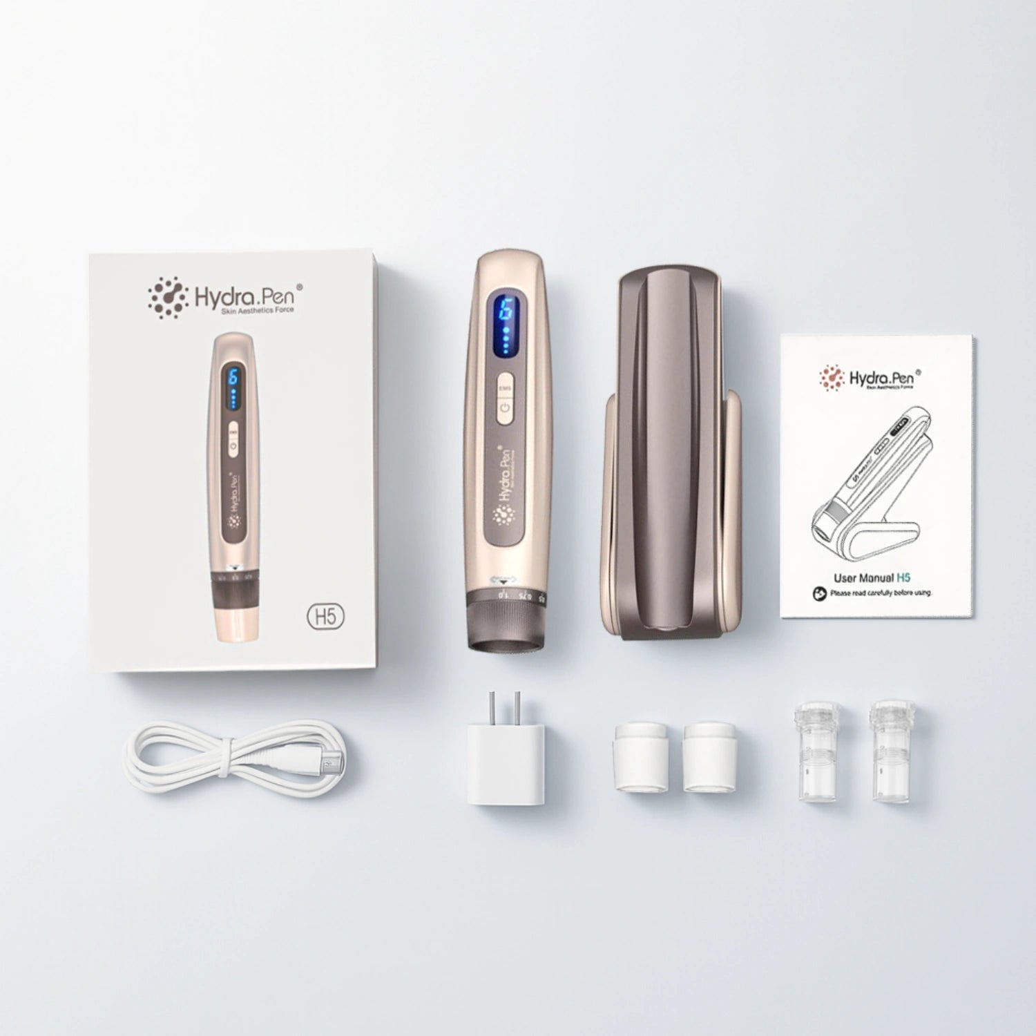 Dr.Pen Hydra Pen H5 Gold complete microneedling device set with charger, cartridges, manual, and accessories