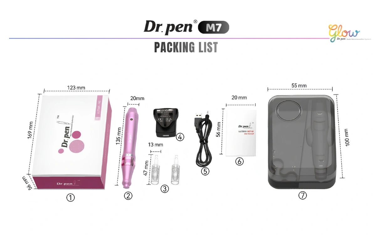 Dr. Pen M7 packing list showing microneedling pen, cartridges, charger, USB cable, manual and storage case