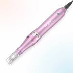 Close-up view of the pink Dr. Pen M7 microneedling pen in wired mode with cartridge attached
