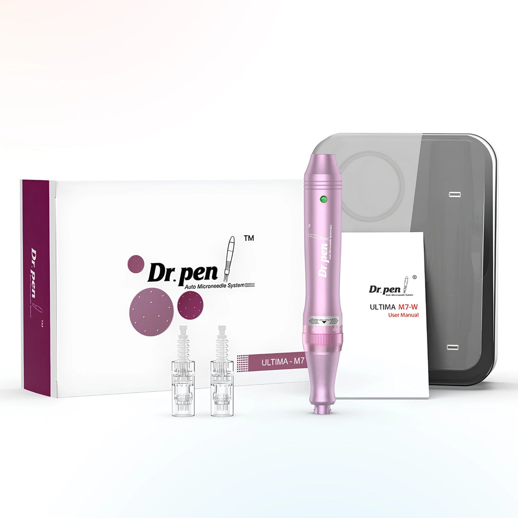 Dr. Pen M7 wireless microneedling pen with product box, case, user manual, and cartridges