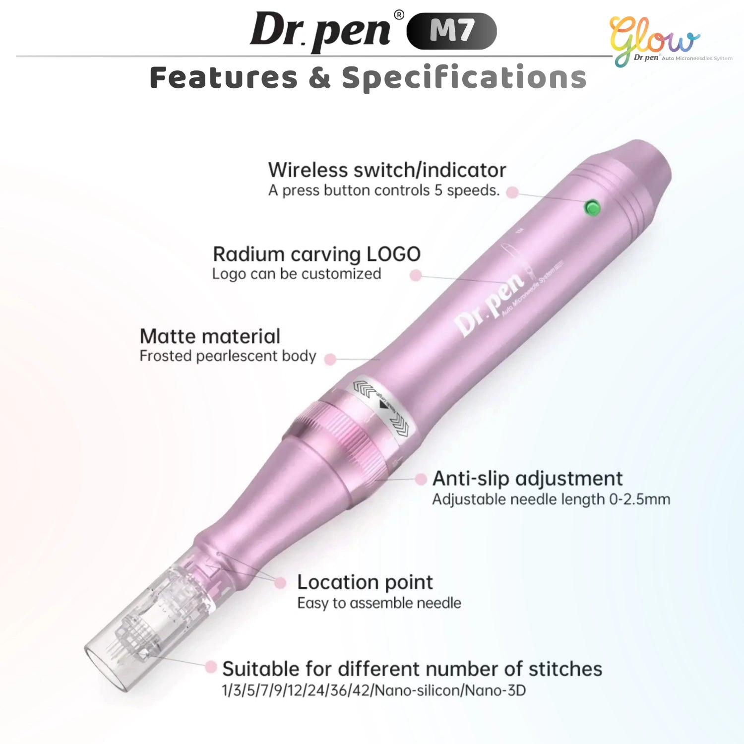 Dr. Pen M7 wireless microneedling pen features and specifications with adjustable needle length and cartridge options