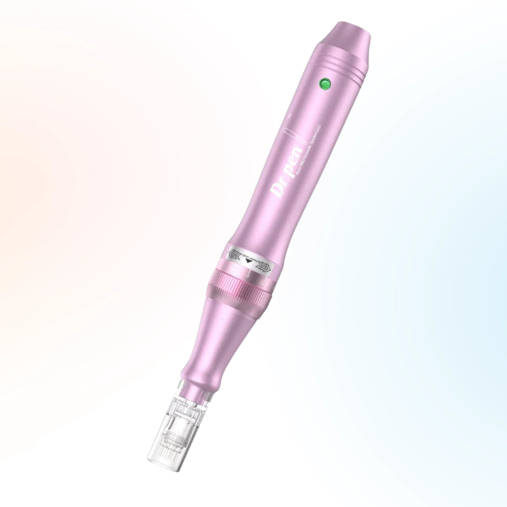 Angled view of the pink Dr. Pen M7 wireless microneedling pen with cartridge attached