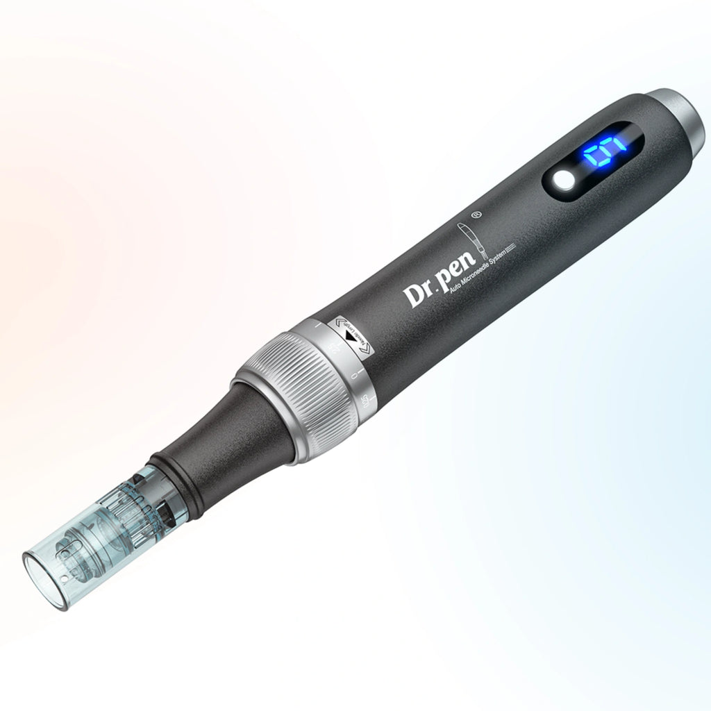 Close-up of Dr. Pen M7S black wireless microneedling pen with cartridge attached