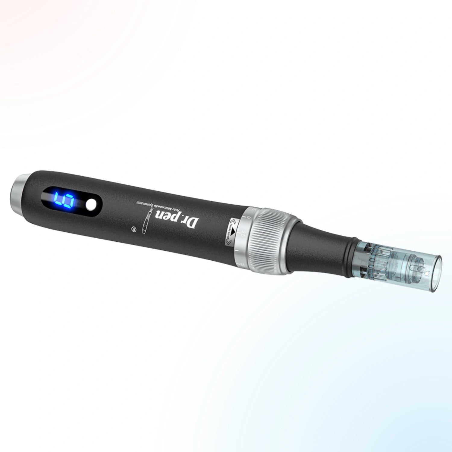 Dr. Pen M7S black wireless microneedling pen horizontal product view with attached cartridge