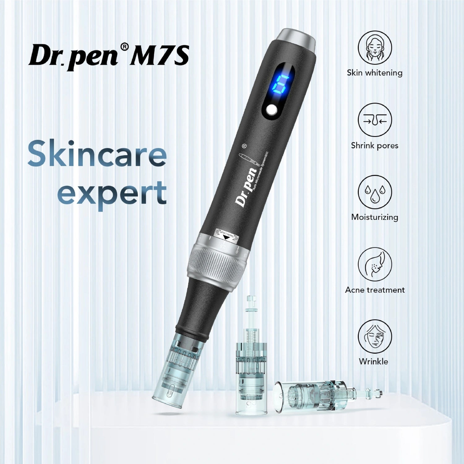 Dr. Pen M7S black microneedling pen skincare display with replacement cartridge tips