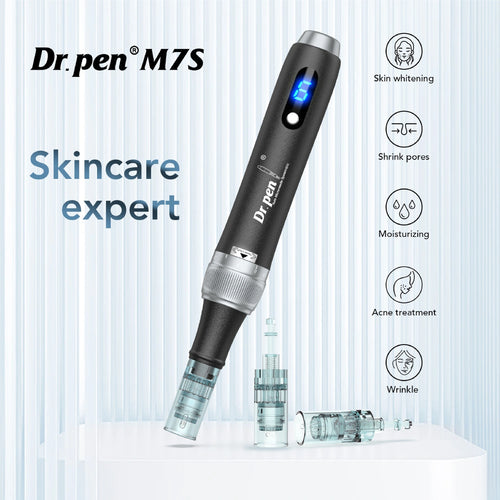 Dr. Pen M7S black microneedling pen skincare display with replacement cartridge tips