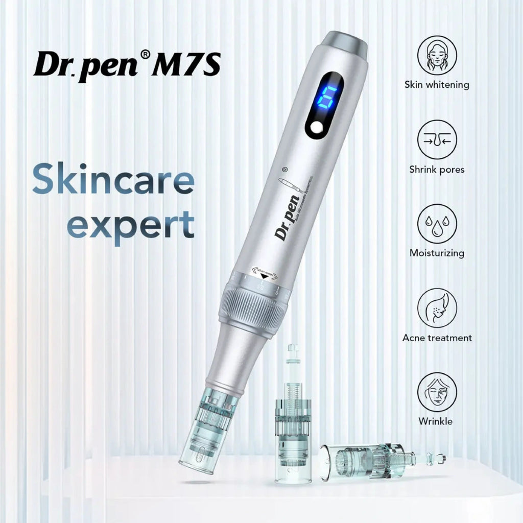 Dr. Pen M7S silver microneedling pen skincare display with cartridge tips
