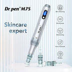 Dr. Pen M7S silver microneedling pen skincare display with cartridge tips