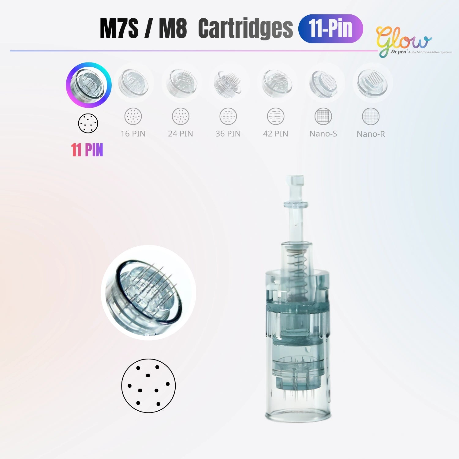 Dr. Pen Glow M8 and M7S 11 pin replacement cartridge with needle layout and cartridge body