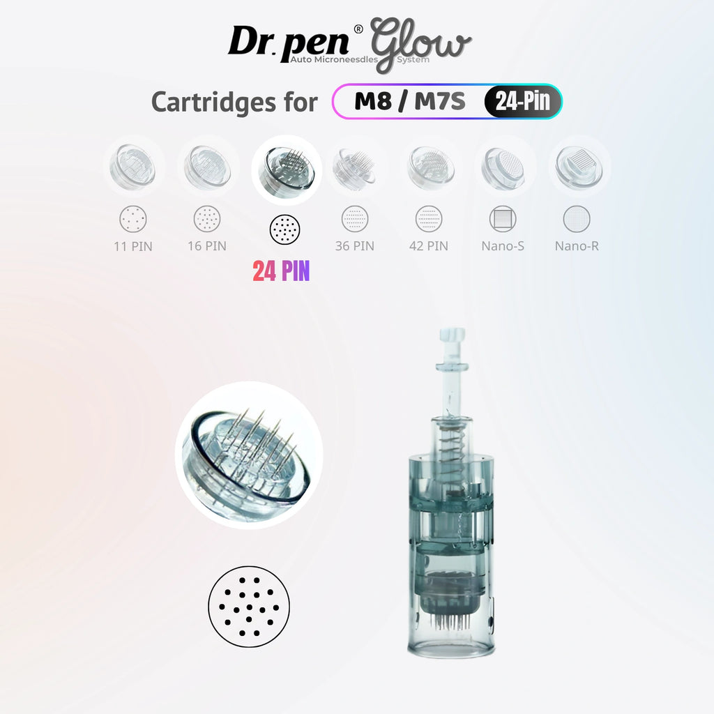 Dr. Pen Glow M8 and M7S 24 pin replacement cartridge with needle close-up, pin layout and cartridge body