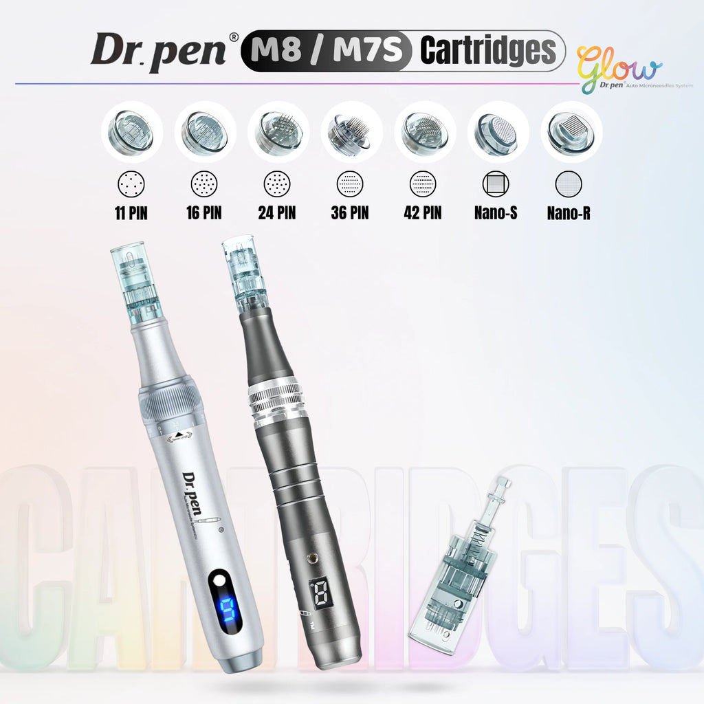 Dr. Pen Glow M8 and M7S replacement cartridges full range showing 11 pin, 16 pin, 24 pin, 36 pin, 42 pin, Nano-S and Nano-R options